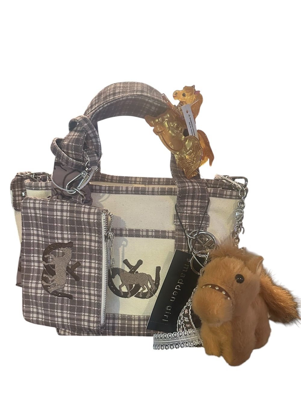 Madden Girl Plaid Brown and Cream Horse Canvas Tote with Charms